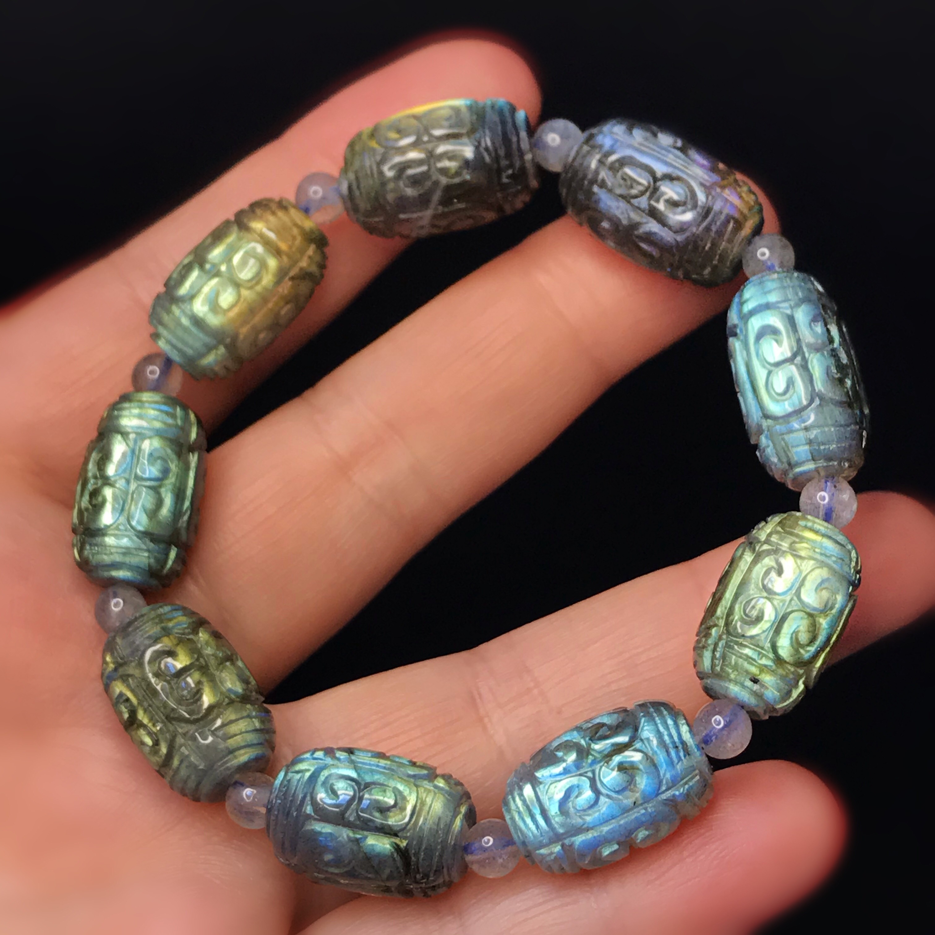 トップグレード プレミアム級 ラブラドライト 回紋珠　マニ車　ブレスレット 手彫り 綺麗なブルーシラー 一期一会 風水