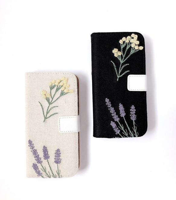 【全機種対応】刺繍　ミモザとラベンダー　手帳型＊iPhoneケース Androidケース スマホケース＊ 1枚目の画像