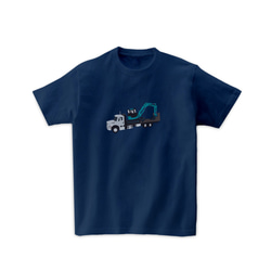 車Tシャツ-フラットベッドトラックとショベルカー（メトロブルー） 1枚目の画像