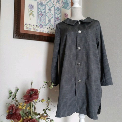 着物リメイク　新品　正絹　本真綿結城紬反物　ロールカラーチュニック 着物リメイク 新品 正絹 本真綿結城紬反物 ロールカラーチュニック