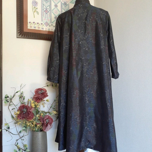 ☆ 着物リメイク 大島紬 ボウタイのフレアワンピースです  