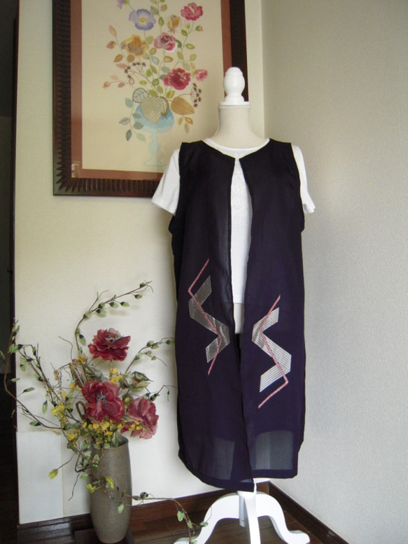 着物リメイク　ハンドメイド　ジレ　長襦袢　ロングベスト　着物 和洋折衷 レトロ 古着 長襦袢 着物 和 モダン ハンドメイド