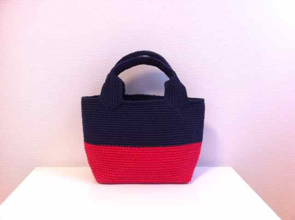 綿糸の四角いトート (RED×NAVY) 1枚目の画像