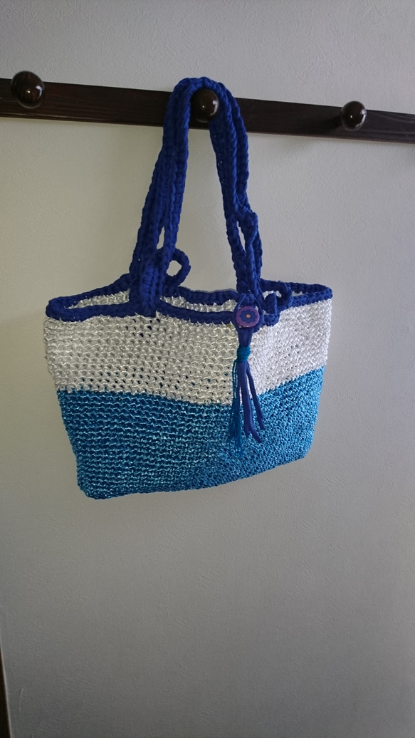 サマーバッグ ズパゲッティ ビニール 紐 マルシェバッグ かごバッグ 青 