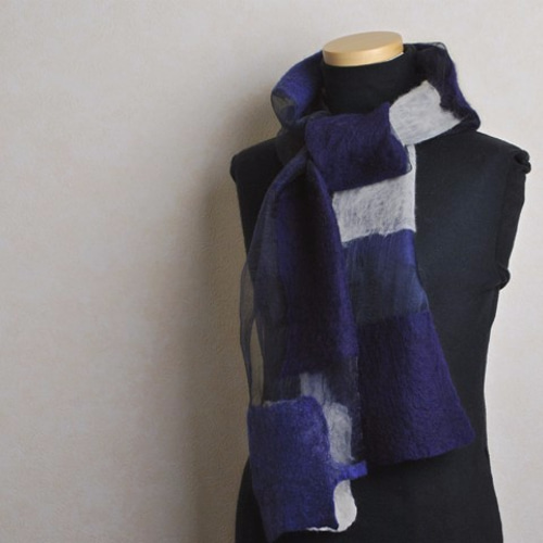 シルクオーガンジーとフェルトのストール [市松/紺] ストール タルト