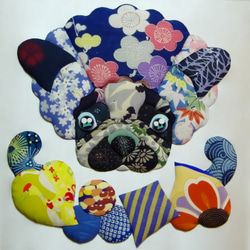 (手づくり)\"ニット帽子といぬ\"犬と花の蝶のタペストリー　壁掛け絵画いぬイヌ 犬の絵油動物ペットオリジナルアート動物アートワークキャンバス