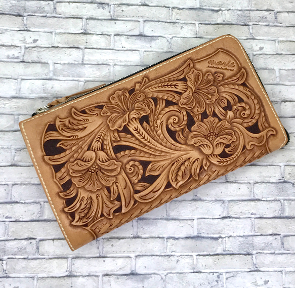 marie/レザーカービング/レザーウォレット/大容量長財布/オリジナルカービング/革長財布 