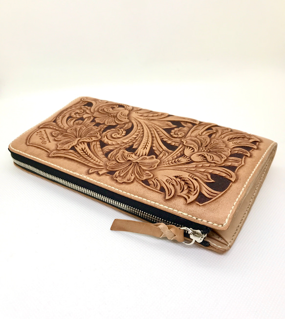 marie/レザーカービング/レザーウォレット/大容量長財布/オリジナルカービング/革長財布 