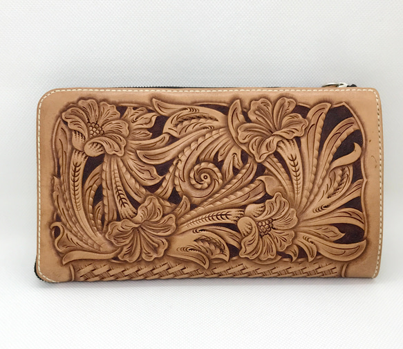 marie/レザーカービング/レザーウォレット/大容量長財布/オリジナルカービング/革長財布 