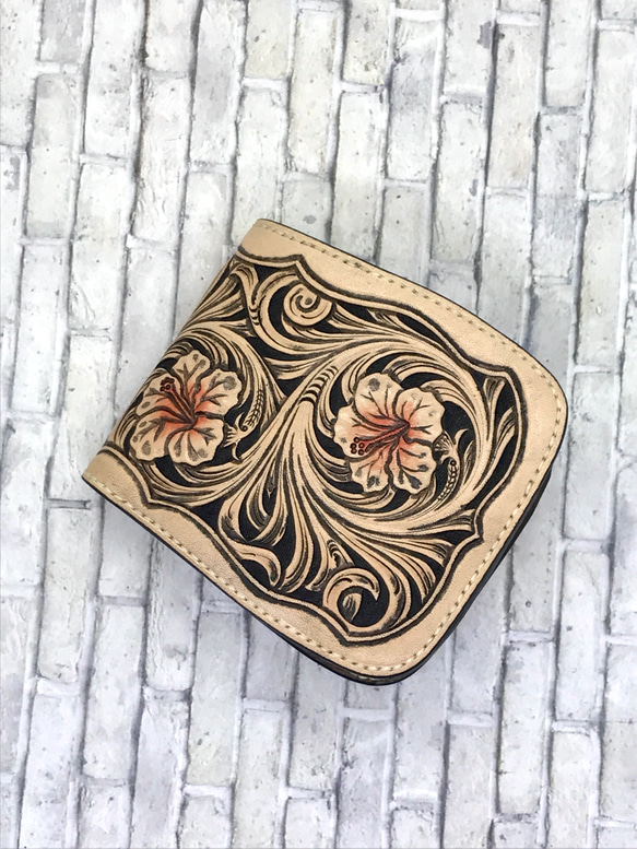 レザーカービング 三つ折りミニウォレット フラワー/カエル Flowering