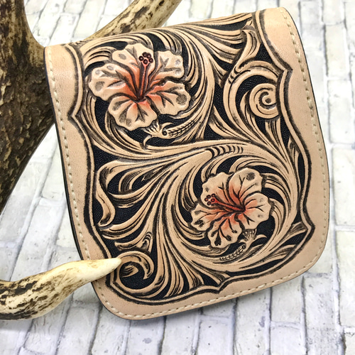 カービングウォレット/レザーウォレット/ハイビスカス/二つ折り財布/革 