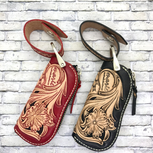 レザーキーケース/カービング/父の日/革キーケース /スマート