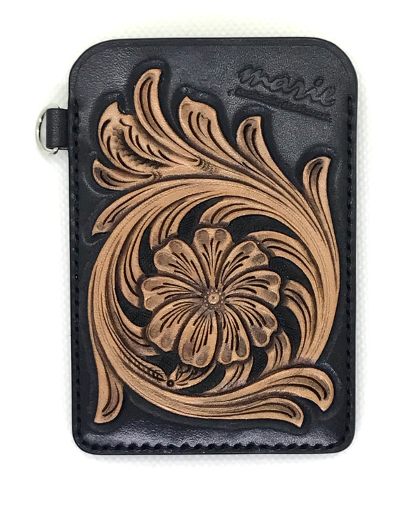 レザーパスケース/レザーカービング/革カードケース/父の日/革小物  