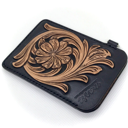 レザーパスケース/レザーカービング/革カードケース/父の日/革小物  