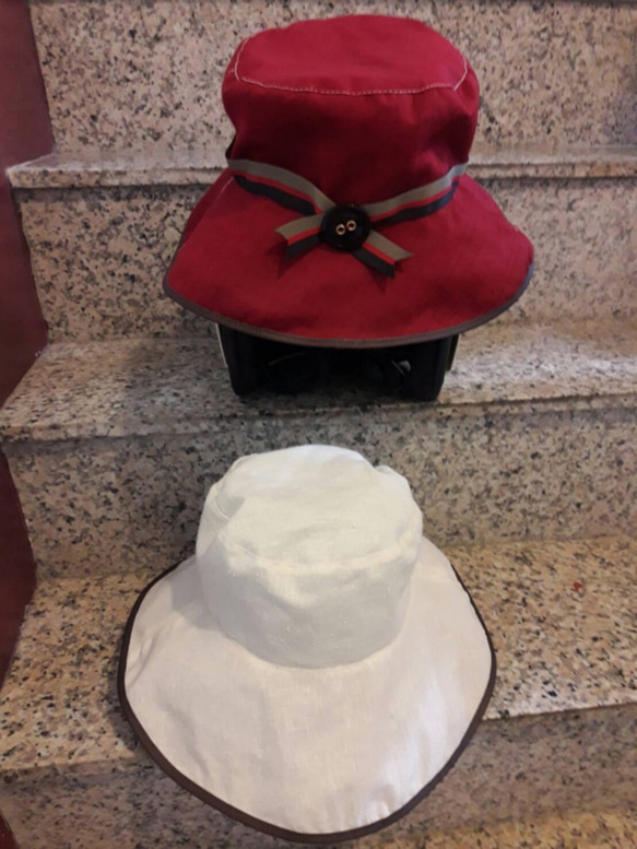 雙面 磚紅色 米白雙面 有機棉麻 超級涼爽透氣 遮陽抗UV 手工帽 第3張的照片