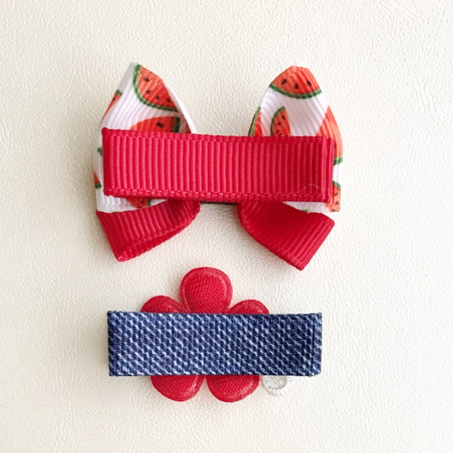 【すいかリボン】ベビーヘアクリップ　キッズヘアクリップ　ヘアピン　スイカ 3個セット】ベビーフルーツヘアークリップ ヘアピン バレッタ 髪飾り