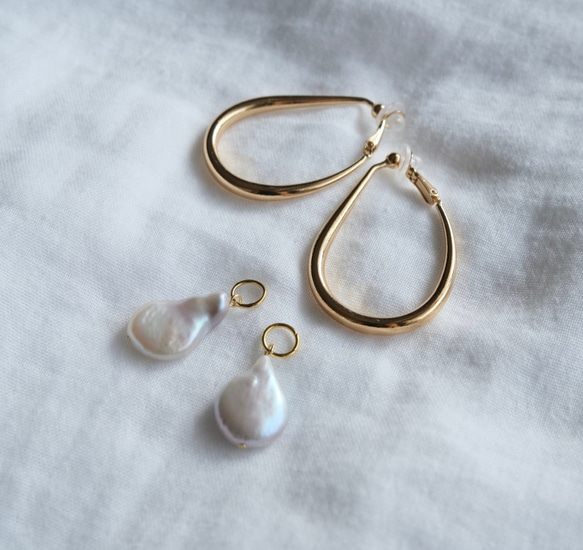 [免費送貨與新商品]大型淡水珍珠2way變形金圈形耳環 第5張的照片