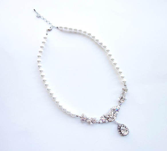 ♡婚禮♡珍珠和Swarovski首飾項鍊（長度可調） 第1張的照片