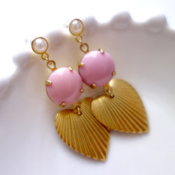 ♡復古粉色燕子和黃銅心珍珠耳環♡ 第2張的照片