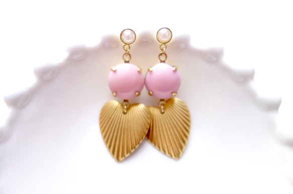 ♡復古粉色燕子和黃銅心珍珠耳環♡ 第3張的照片