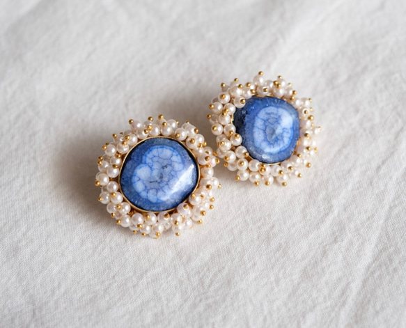免費送貨-藍色天然寶石和珍珠民族耳環 第1張的照片