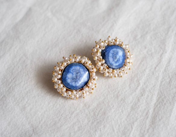 免費送貨-藍色天然寶石和珍珠民族耳環 第3張的照片