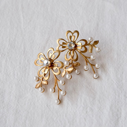 [免費送貨和新商品] NY復古黃銅鏤空花和樹枝珍珠耳環 第1張的照片
