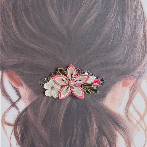 洋風つまみ細工 【桜】ポニーフック／バレッタ／ヘアクリップ／帯留め