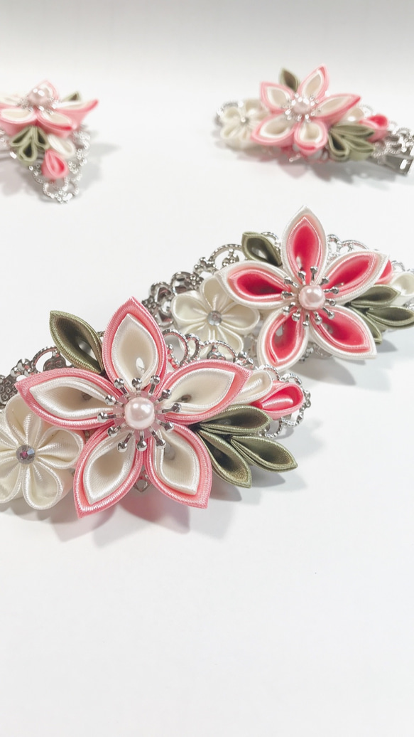 洋風つまみ細工 【桜】ポニーフック／バレッタ／ヘアクリップ／帯留め