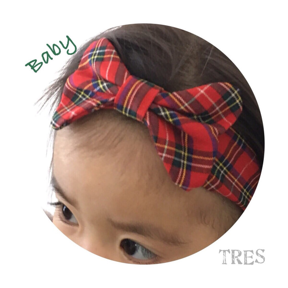 【TRES】タータンチェック レッド リボンヘアバンド ベビーサイズ 2枚目の画像