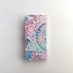 【iPhone】モロッコ風曼荼羅模様 紫陽花カラーのエスニック手帳型ケース(留め具blue)【春・夏】 3枚目の画像