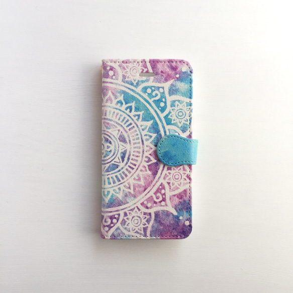 【春・夏】モロッコ風曼荼羅柄 紫陽花カラーの手帳型スマホケース(留具BLUE)とポーチ プレゼントにも♪ 2枚目の画像