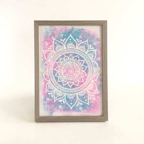 A4】モロッコ風曼荼羅柄の絵画 ブルー×ピンクの水彩 インテリア