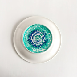 【陶器】モロッコ風曼荼羅柄 グリーンとブルーの飾り皿 インテリアにおすすめ　世界で１つの一点物 3枚目の画像