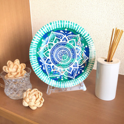 【陶器】モロッコ風曼荼羅柄 グリーンとブルーの飾り皿 インテリアにおすすめ　世界で１つの一点物 5枚目の画像