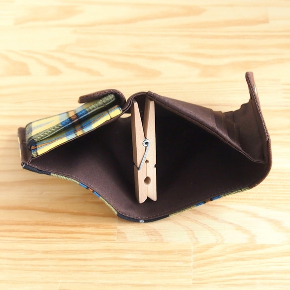 三つ折り財布　タータンチェック×イエロー 3枚目の画像