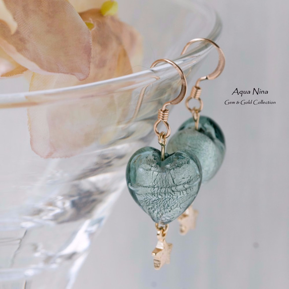 Moss Aquamarine heart piearce～ベネチアングラスの夢《14kgf》ピアス・イヤリング 1枚目の画像