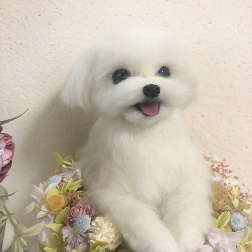 羊毛フェルト にこにこマルチーズのパステルフラワーバスケット 羊毛 