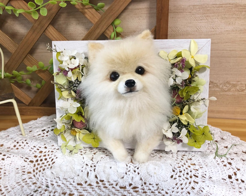 羊毛フェルト　ポメラニアン 羊毛フェルト ポメラニアンのフラワーフレーム 羊毛フェルト needle