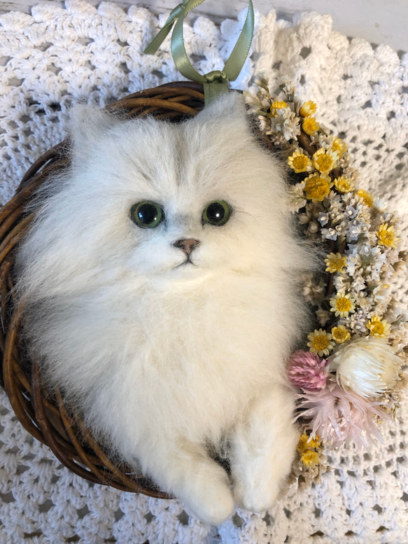 ドライフラワーミニリース羊毛フェルト猫