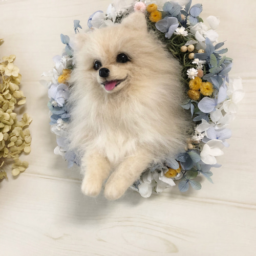 羊毛フェルト ポメラニアンの紫陽花リース 羊毛フェルト needle 羊毛フェルト ポメラニアンの紫陽花リース 羊毛フェルト needle