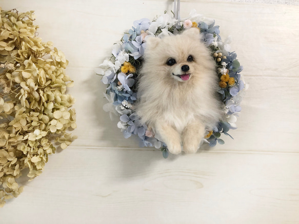 羊毛フェルト　ポメラニアンの紫陽花リース 4枚目の画像