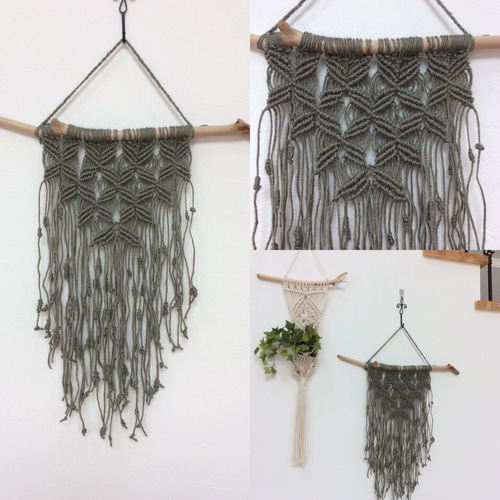 麻の紐 マクラメ編みタペストリー(グリーングレー) タペストリー