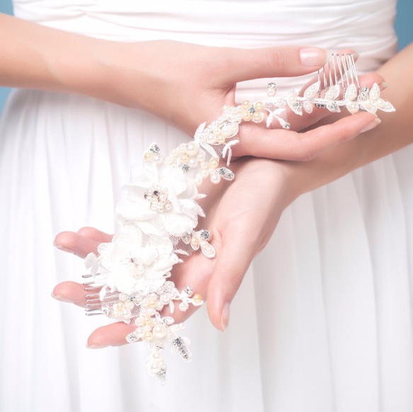 ショーナ三次元のレースパールホワイトの花柄◆レトロなブライダルレースの花手作りのブライダルジュエリーアクセサリー頭飾り結婚美容師 4枚目の画像