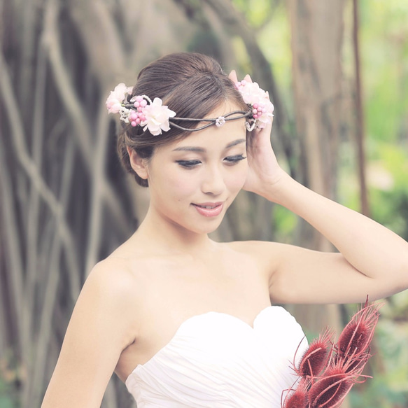 Caia新娘花飾◆花仙子 花朵 造型花 花環 花圈 閃石 粉紅色 手工製 結婚頭飾 婚禮頭飾 新娘頭飾 第1張的照片