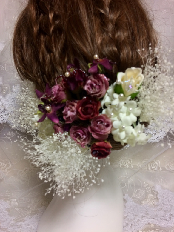 成人式髪飾り☆モーヴ系ミニ薔薇とかすみ草 3枚目の画像