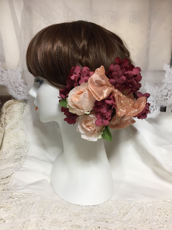 成人式髪飾り☆リボンと薔薇と紫陽花 3枚目の画像