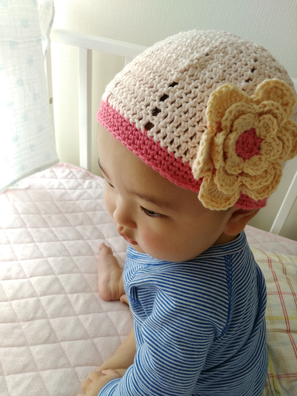 【子供雑貨】オーガニックコットン　春のお花の帽子(ピンク×濃ピンク） 2枚目の画像