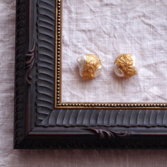 《sold》 真珠と金の鉱石粒 -A- 　ピアス／イヤリング　小ぶり　f-102-3 2枚目の画像