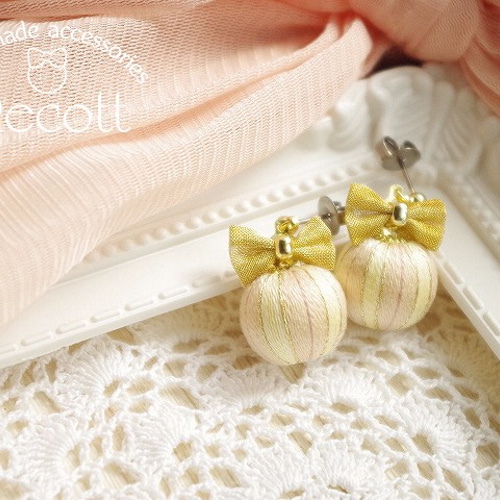 リボン巻き玉ピアス さくらピンク＜gold＞【イヤリング・樹脂ポスト